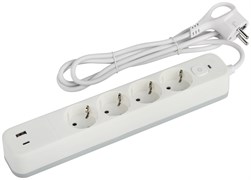 ЭРА Сетевой фильтр USF-4es-3m-2xUSBAC-W с базовой защитой с заземлением с выключателем 4 розетки+2xUSBA+C 3,1A 3м 10А Б0059573