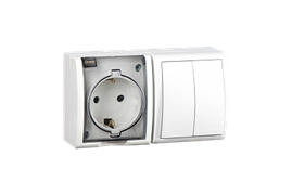 Simon 15 Aqua Белый Блок: Розетка 2P+E Schuko 16А 250В + выключатель двойной 10А 250В, IP54