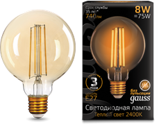 Лампа Gauss LED Filament G95 E27 8W Golden 2400К 1/20