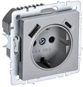 IEK Brite Base алюминий розетка с заземлением и шторками, 16А с USB A+C 18Вт BR-R14-16-U22-018-K47