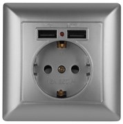 Intro Розетка Solo 4-410-03 с заземлением P+E Schuko со шторками, 16А-250В + 2хUSB, IP20, СУ, алюминий Б0053715
