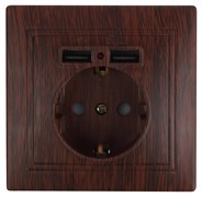 Intro Розетка Plano 1-410-10 с заземлением 2P+E Schuko со шторками, 16А-250В + 2хUSB 5В-2,1А, IP20, СУ, венге Б0053948