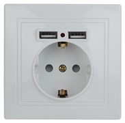 Intro Розетка Plano 1-410-01 с заземлением 2P+E Schuko со шторками, 16А-250В + 2хUSB 5В-2,1А, IP20, СУ, белый Б0053942