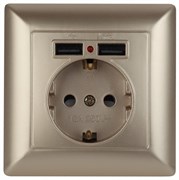Intro 4-410-04 Розетка P+E Schuko со шторками, 16А-250В + 2хUSB, СУ, Solo, шампань (10/100/2500) Б0043406